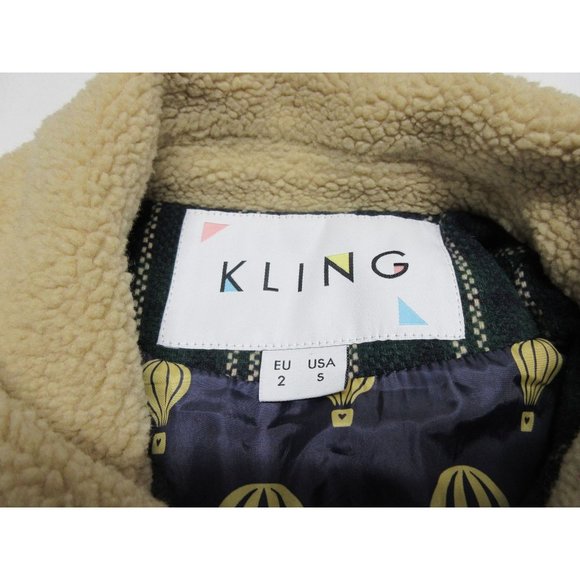 Kling green tartan plaid wool blend fur collar jacket - Picture 5 of 12